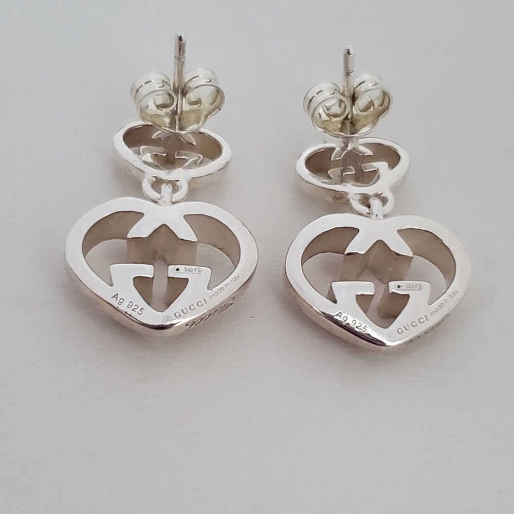 GUCCI Sterling Silver Love Britt Double G Heart Drop Earrings - Picture 4 of 7
